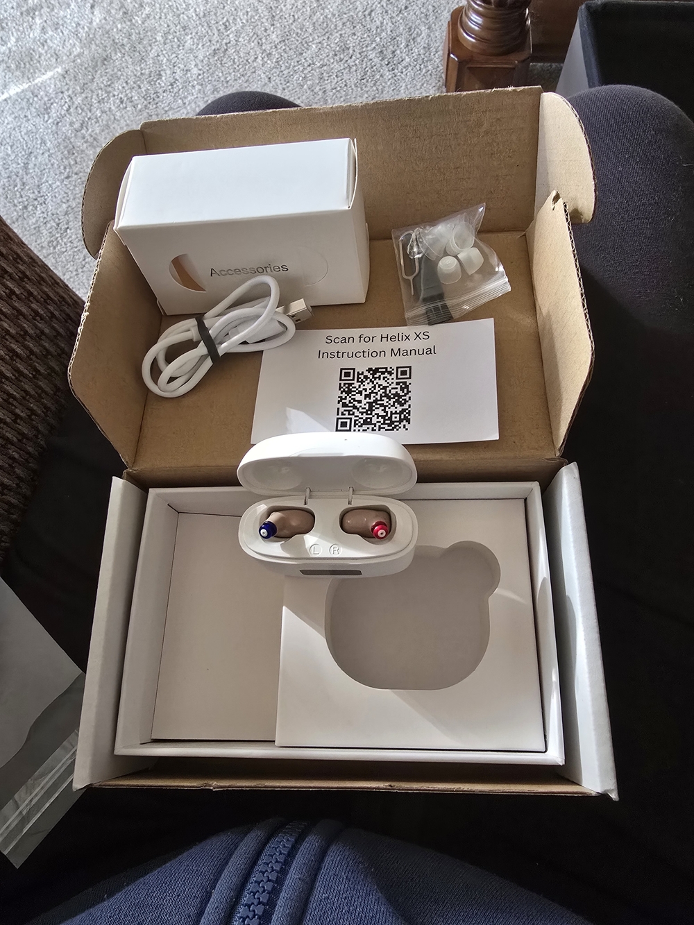 Helix True Wireless Hearing Aids in White with Red & Blue Accents